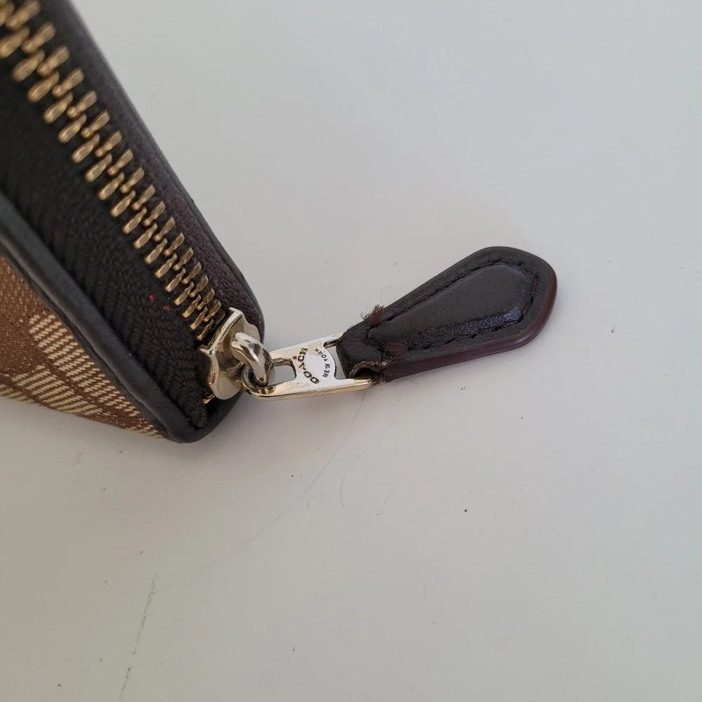 Coach Signature Canvas Accordion Zip Wallet Brown Tan Monogram Long Wallet